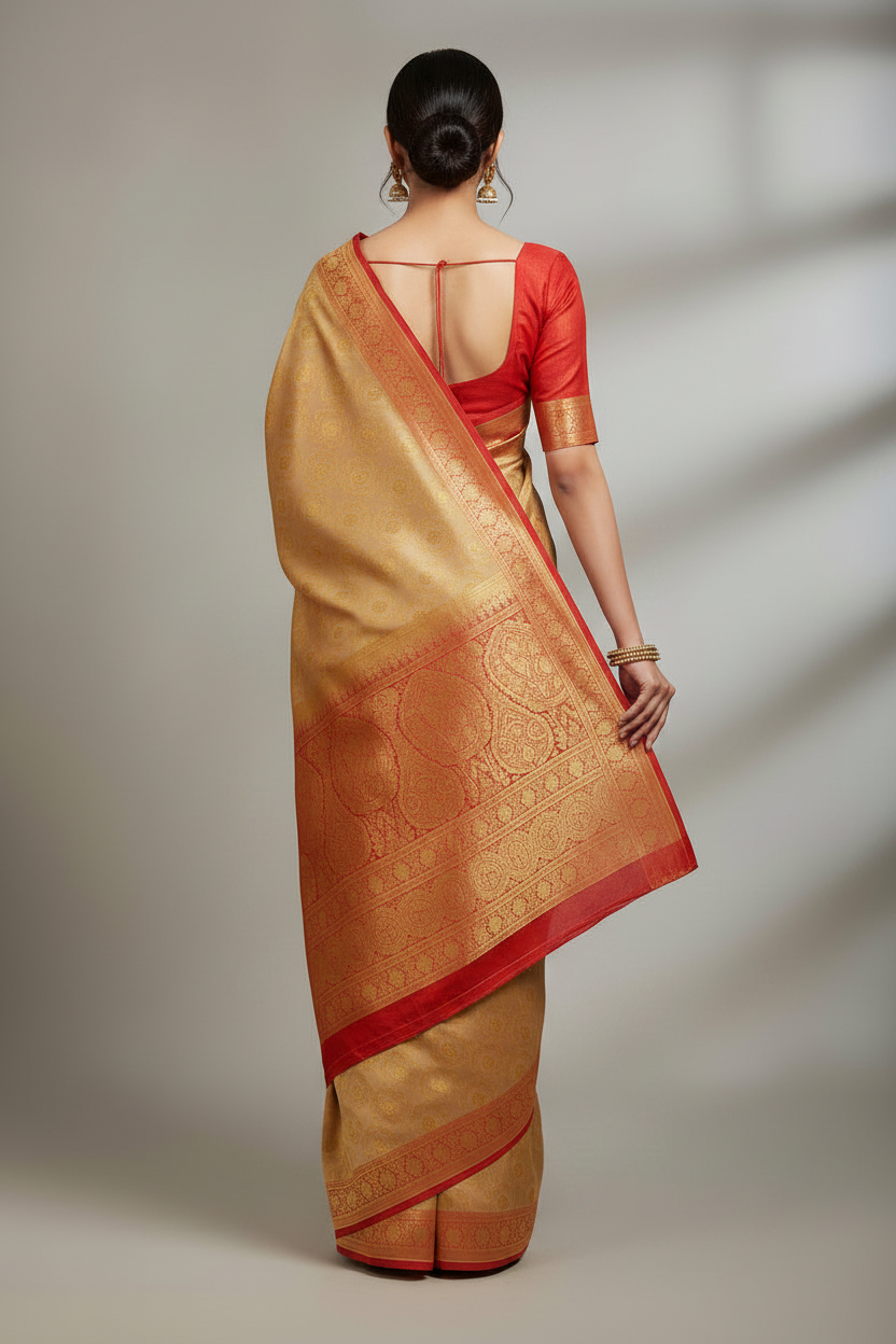 Gold Banarasi Satin Silk Saree with Zari Buti and Red Contrast Border