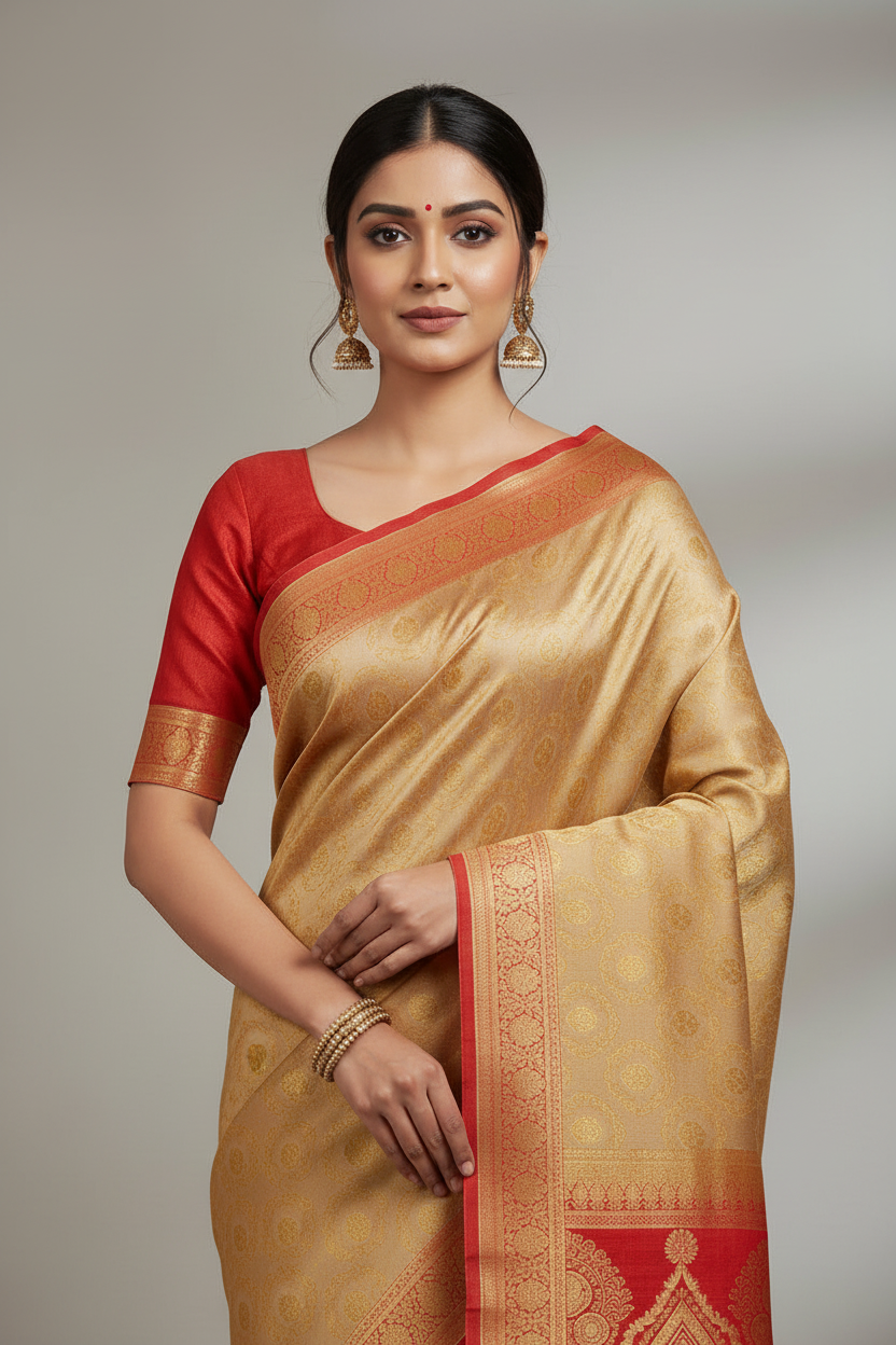 Gold Banarasi Satin Silk Saree with Zari Buti and Red Contrast Border