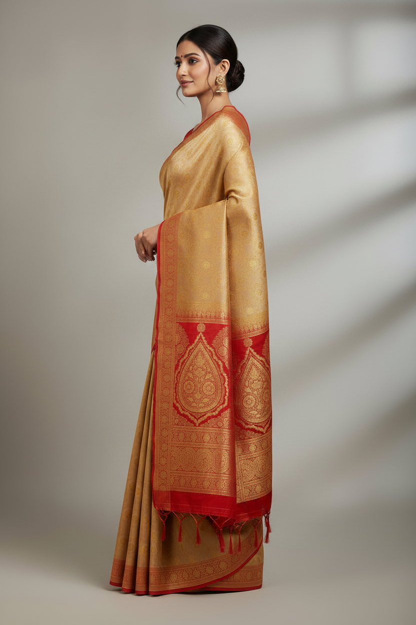 Gold Banarasi Satin Silk Saree with Zari Buti and Red Contrast Border