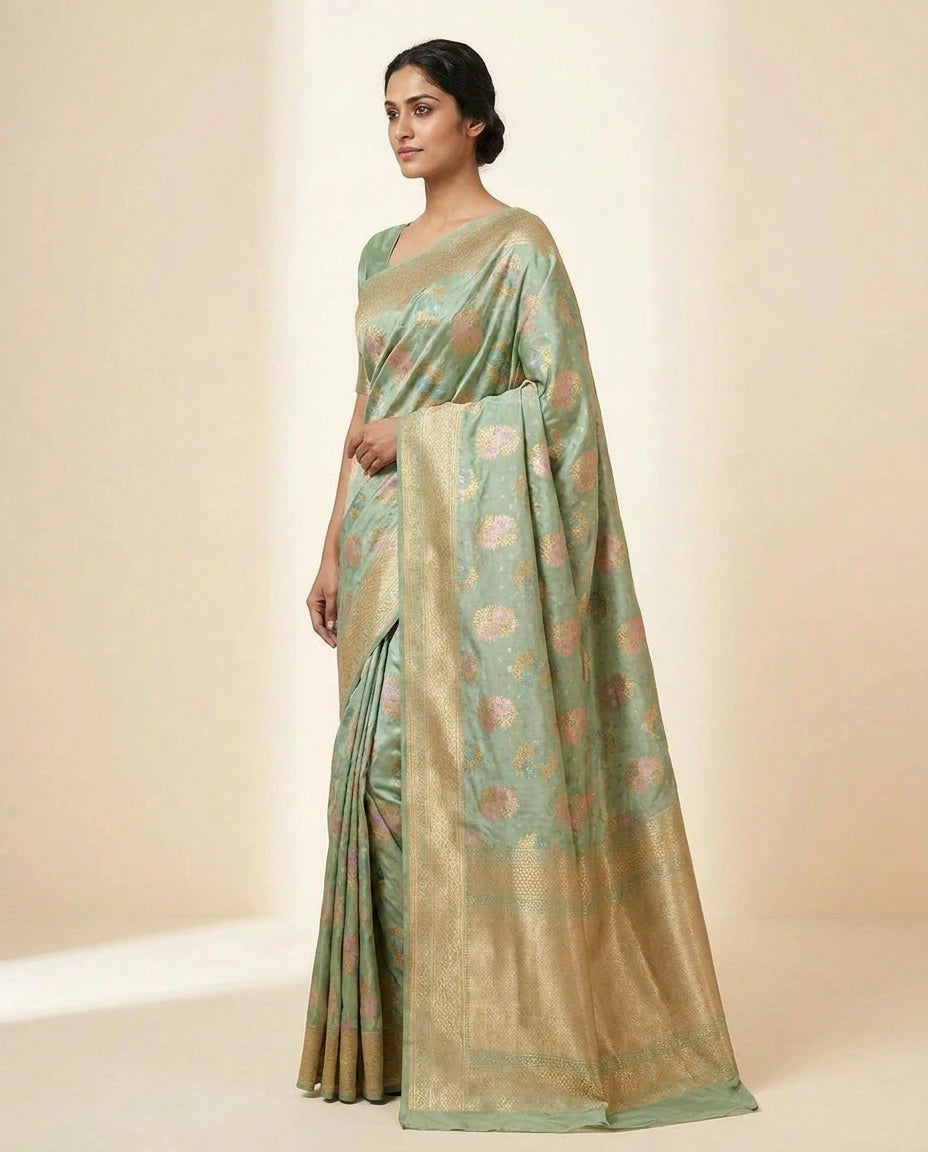 Woven Katan Silk Banarasi Saree with Contrast Zari Pallu view 3