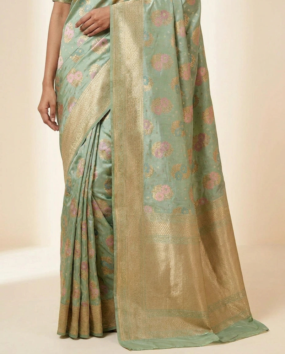 Woven Katan Silk Banarasi Saree with Contrast Zari Pallu view 5