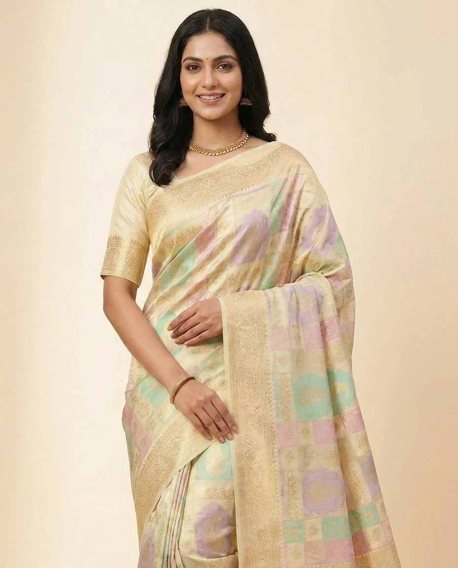 Silk Katan Banarasi Saree with Handwoven Gold Zari Work view 2