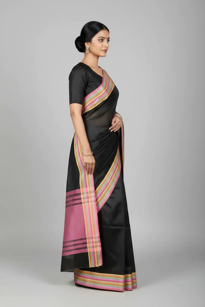 Woman wearing a black saree with colorful stripes on a gray background