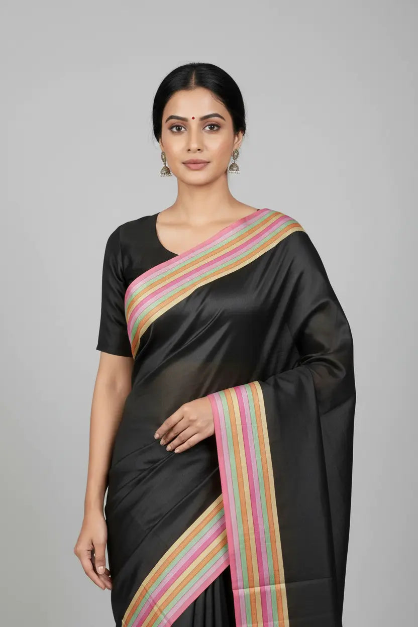 Woman wearing a black saree with colorful stripes on a gray background