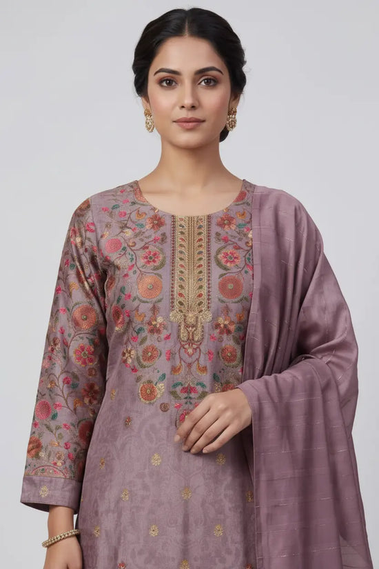 Mauve Muslin Straight Suit with Kani Weave - Rangoli India