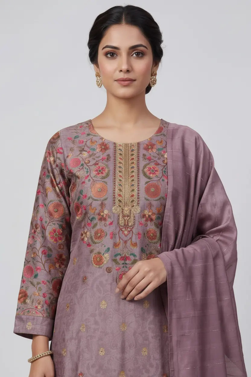 Woman wearing a mauve embroidered traditional outfit on a white background