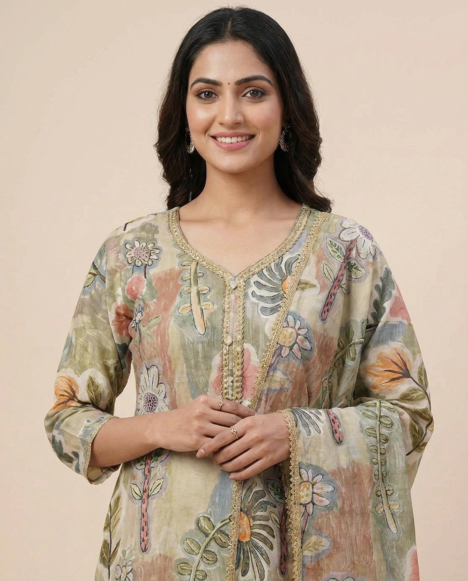 Pista Green Straight Suit in Cotton - Rangoli India
