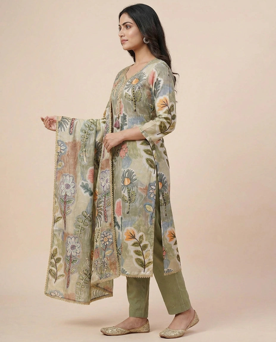Pista Green Straight Suit in Cotton - Rangoli India
