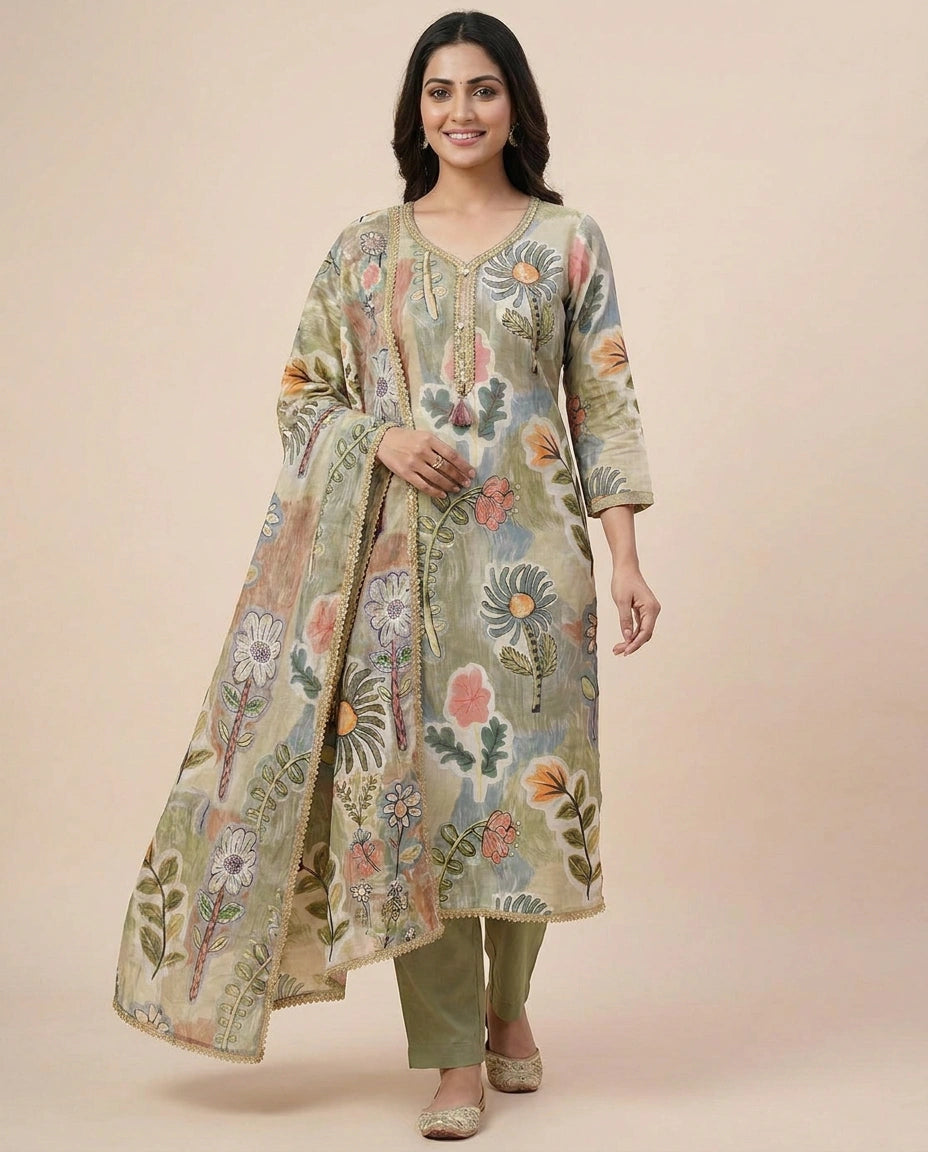 Pista Green Straight Suit in Cotton - Rangoli India