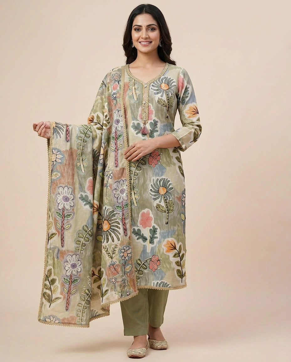 Pista Green Straight Suit in Cotton - Rangoli India