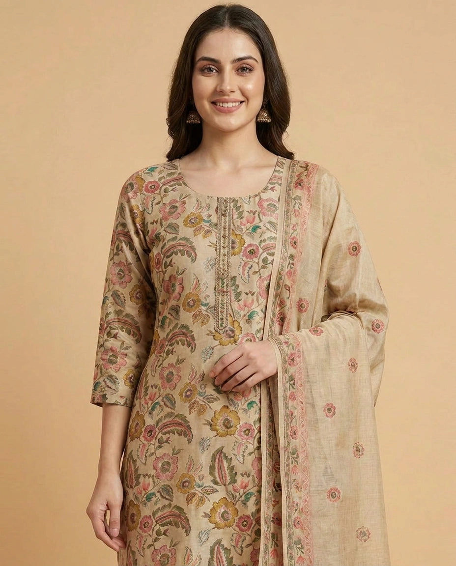 Beige Straight Suit in Cotton - Rangoli India