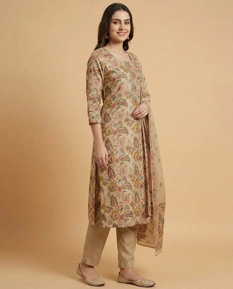 Beige Straight Suit in Cotton - Rangoli India