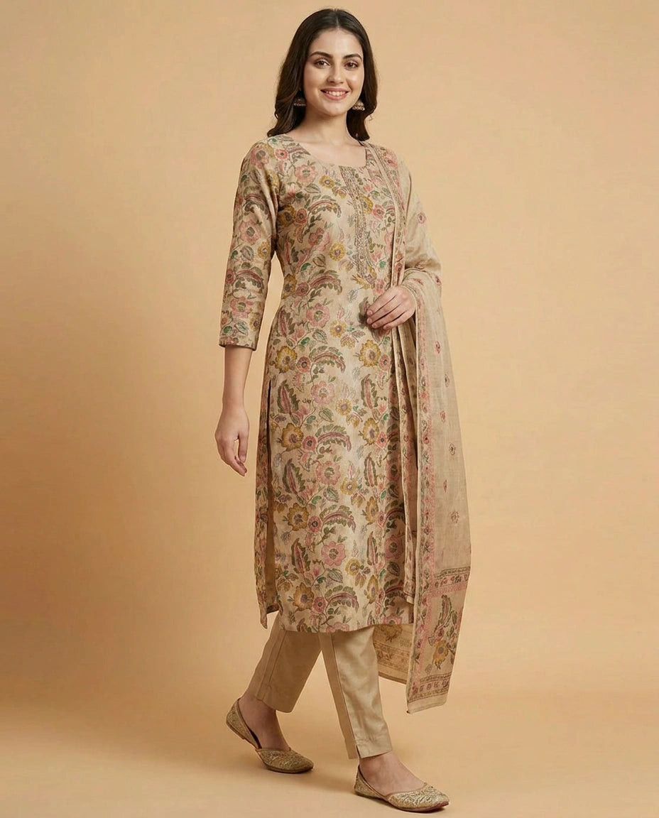 Beige Straight Suit in Cotton - Rangoli India