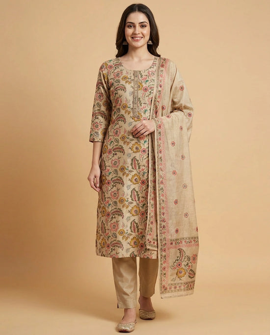 Beige Straight Suit in Cotton - Rangoli India