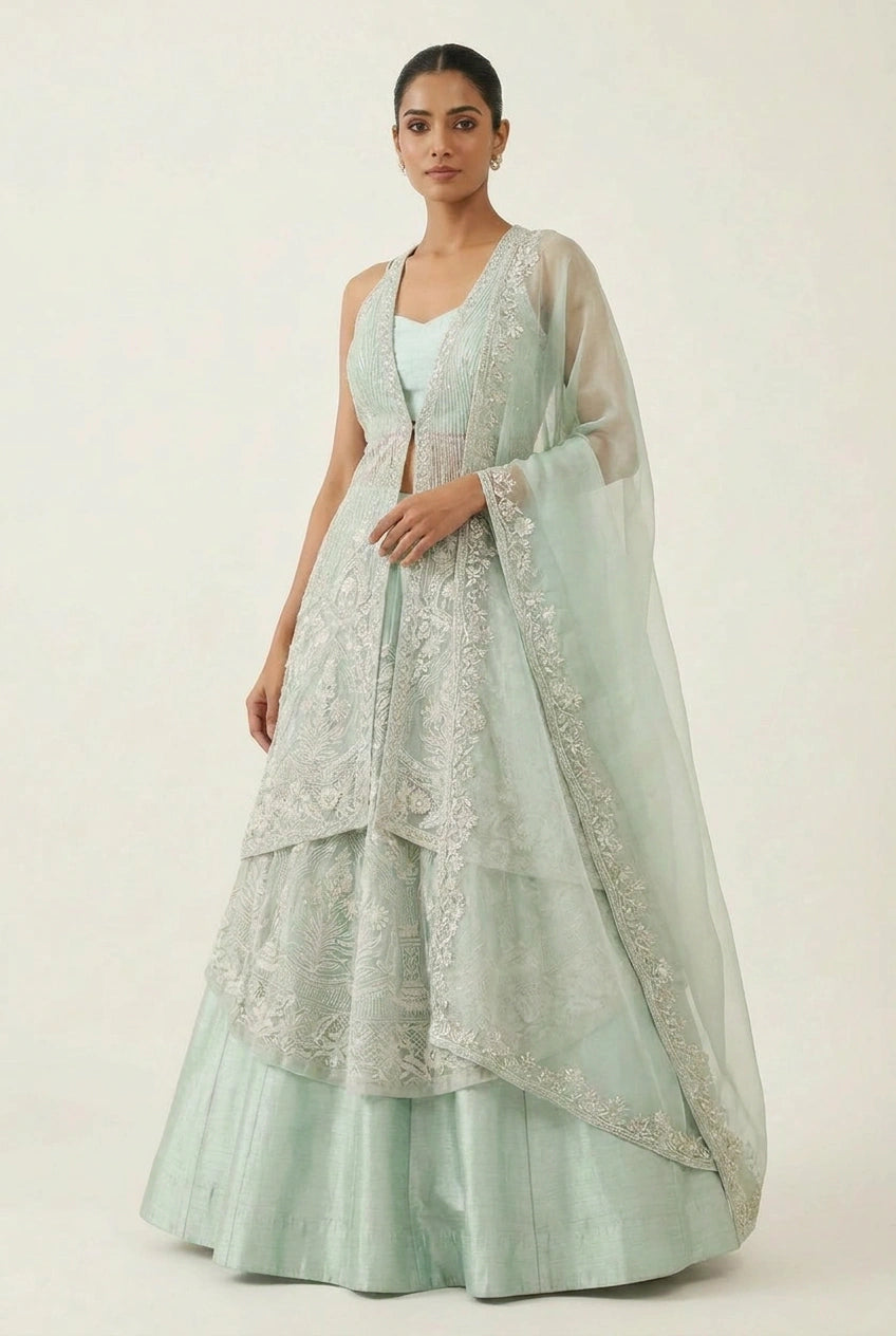 Net Lehenga Jacket Set with Long Jacket for Bridal Wear