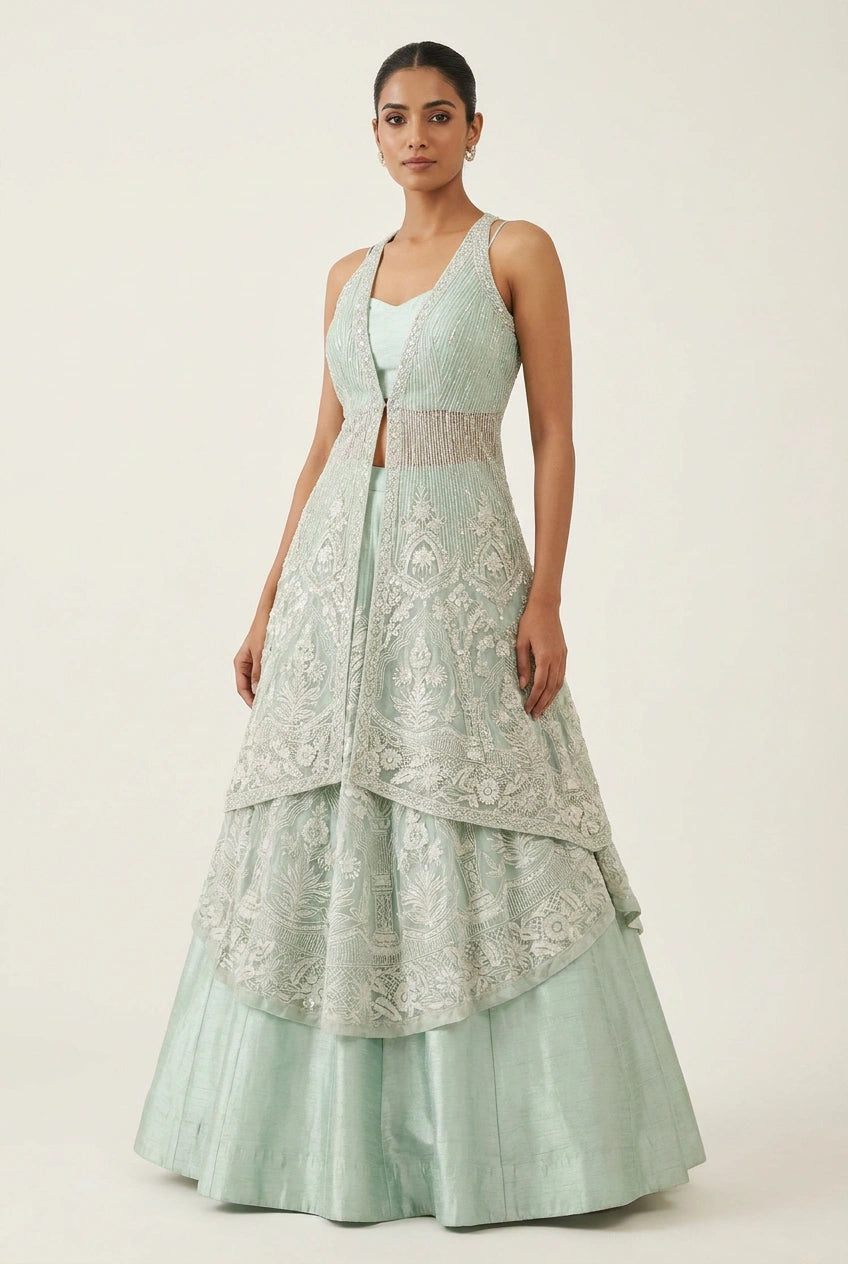 Net Lehenga Jacket Set with Long Jacket for Bridal Wear