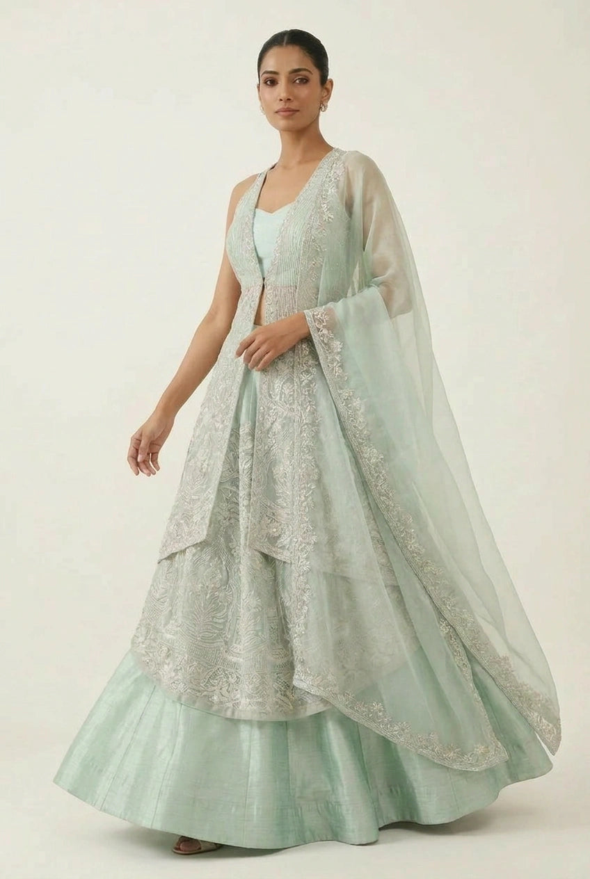 Net Lehenga Jacket Set with Long Jacket for Bridal Wear