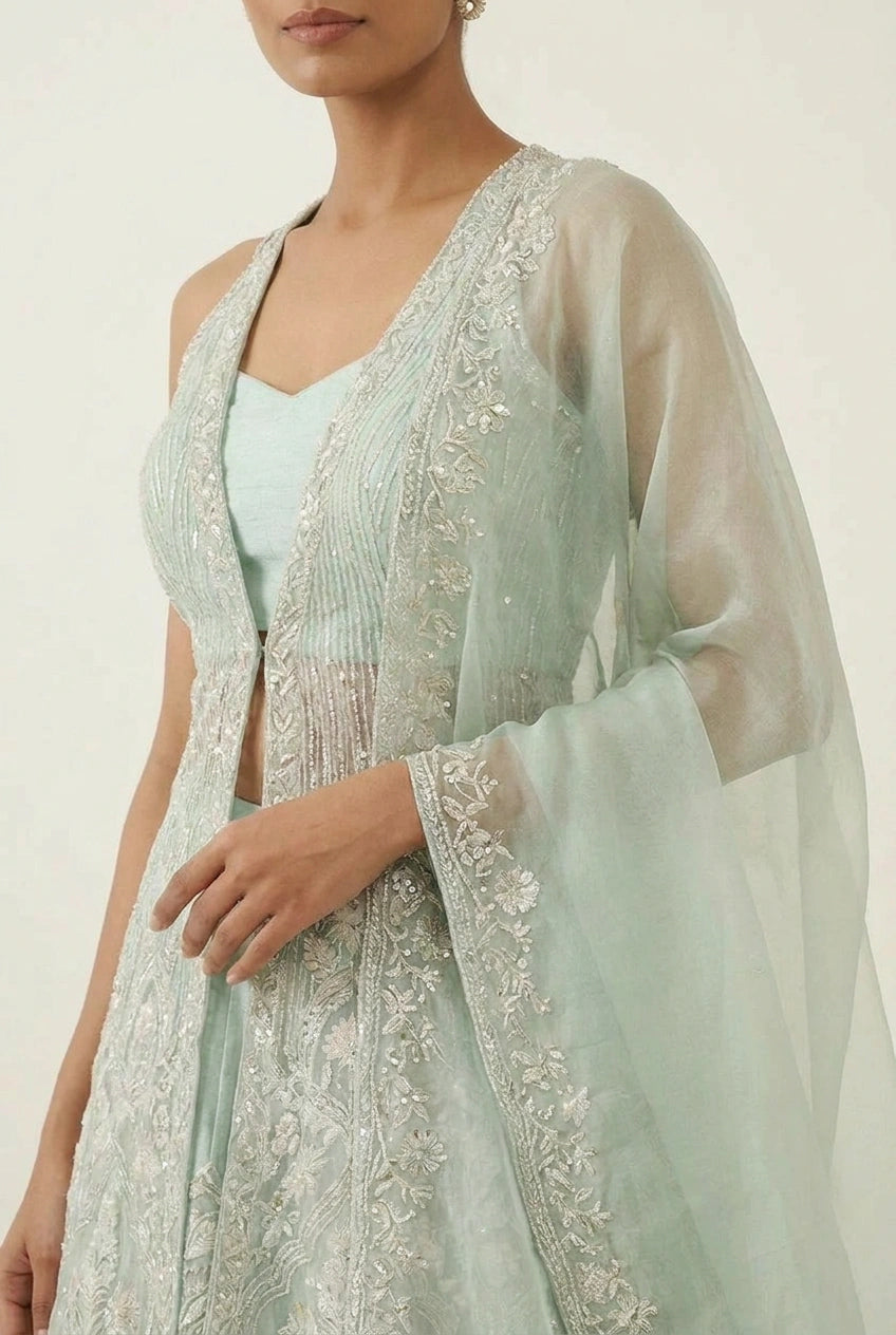 Net Lehenga Jacket Set with Long Jacket for Bridal Wear