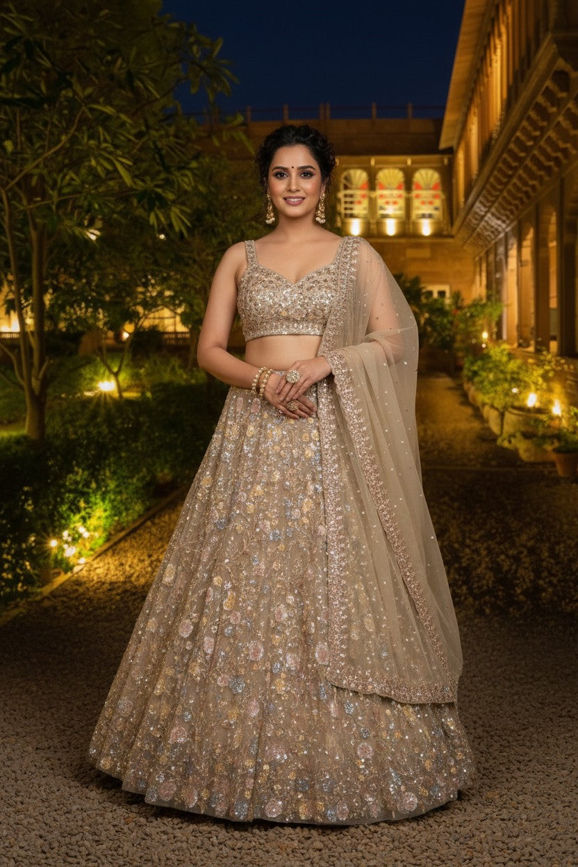 Grey Net Lehenga Set with Salma Sitara for Bridal Wear