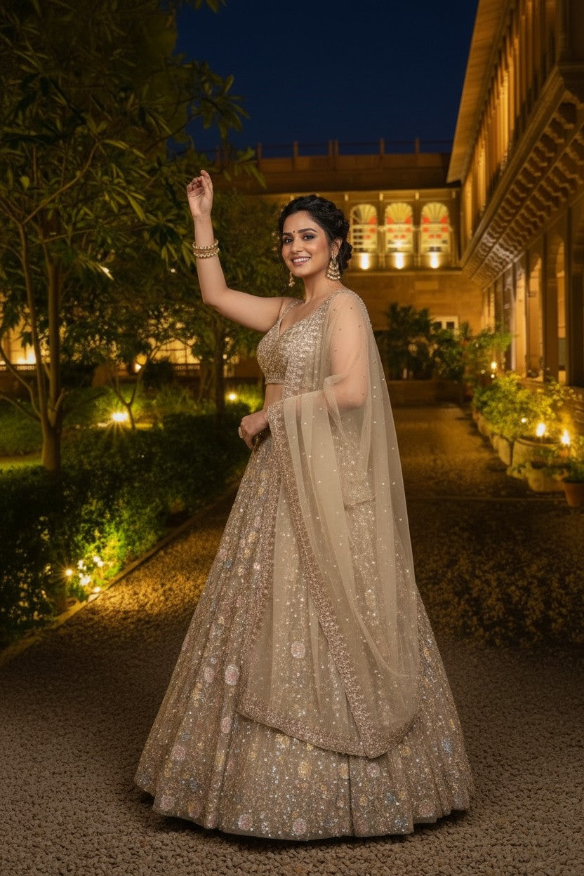 Grey Net Lehenga Set with Salma Sitara for Bridal Wear