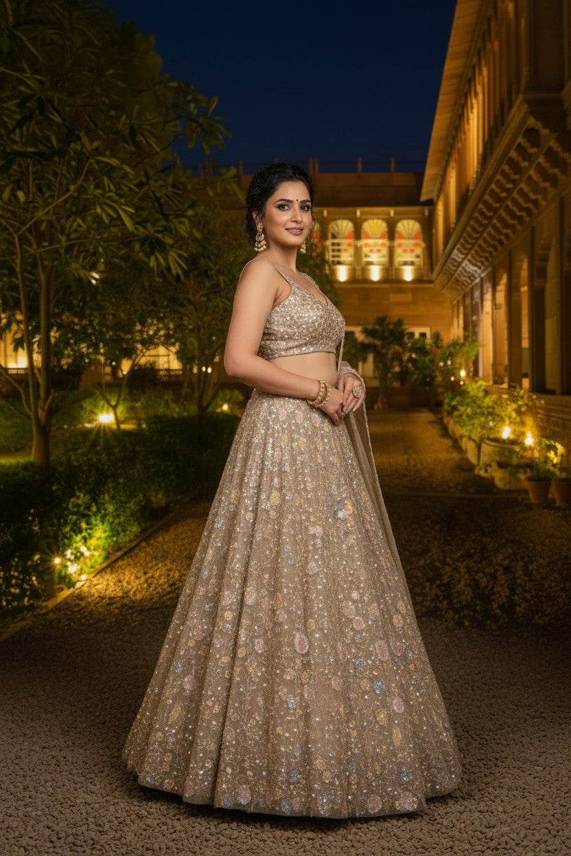 Grey Net Lehenga Set with Salma Sitara for Bridal Wear