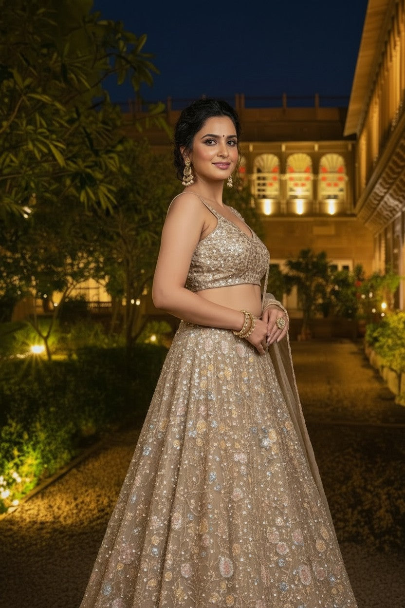 Grey Net Lehenga Set with Salma Sitara for Bridal Wear