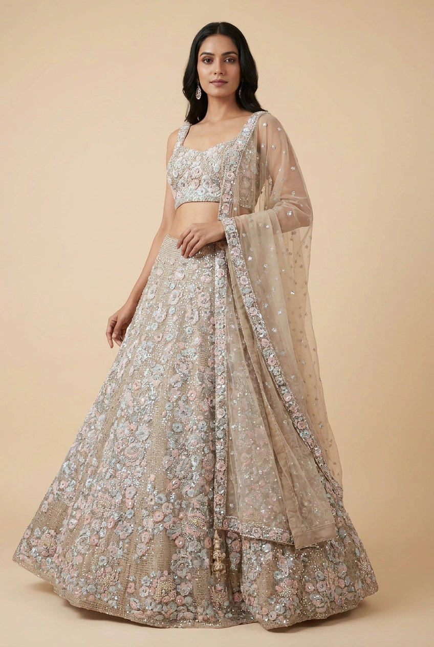 Grey Net Lehenga Set with Kundan Accent for Engagement Day