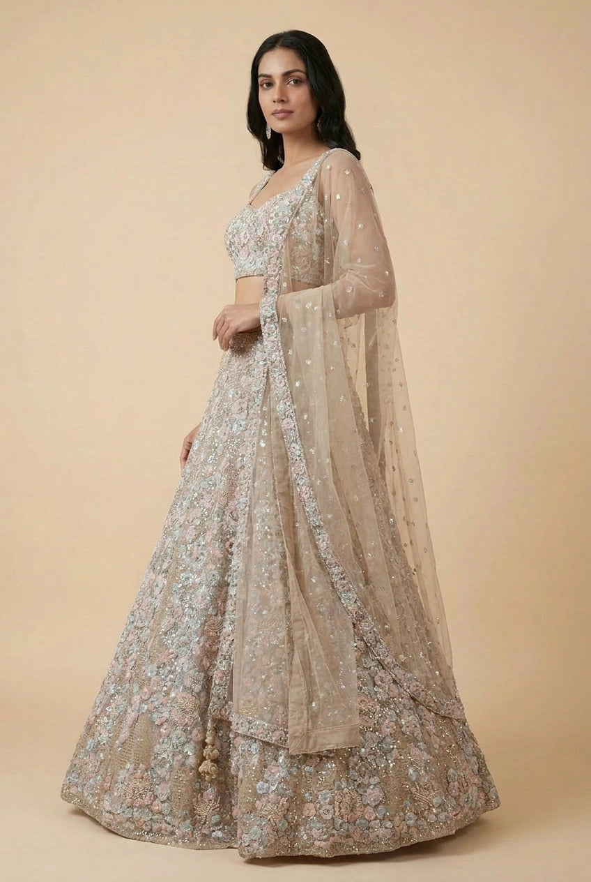 Grey Net Lehenga Set with Kundan Accent for Engagement Day