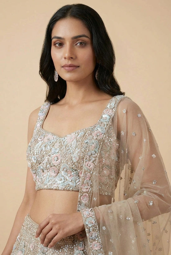 Grey Net Lehenga Set with Kundan Accent for Engagement Day