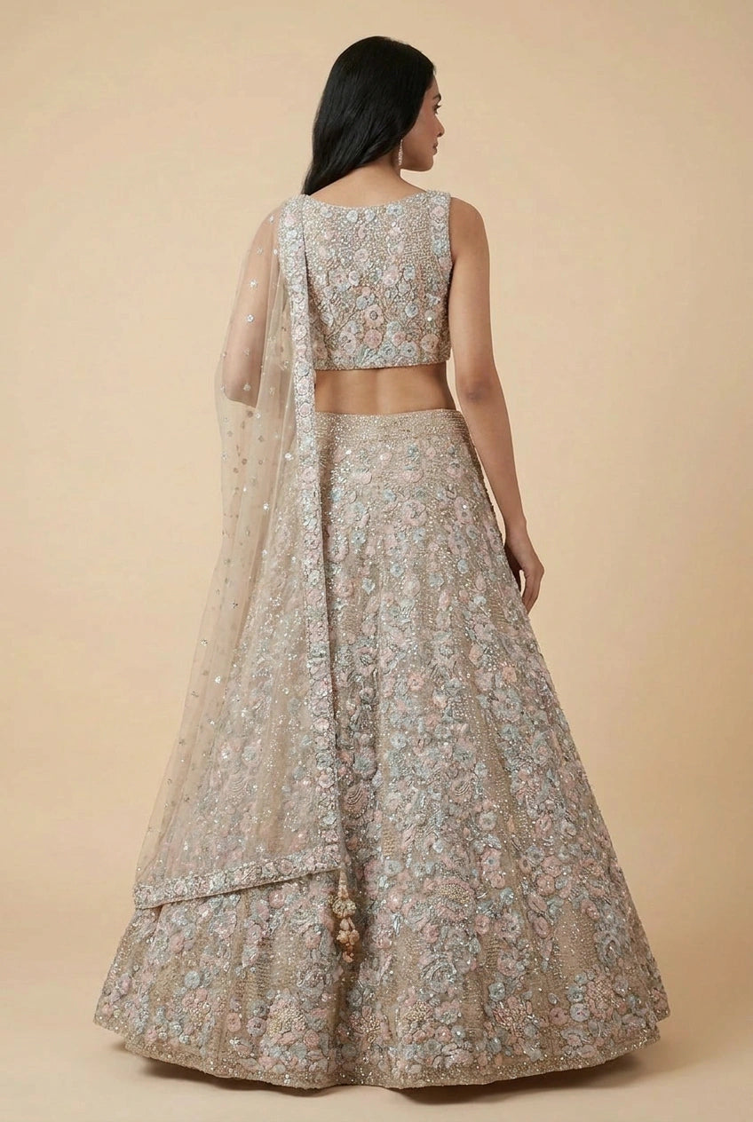 Grey Net Lehenga Set with Kundan Accent for Engagement Day