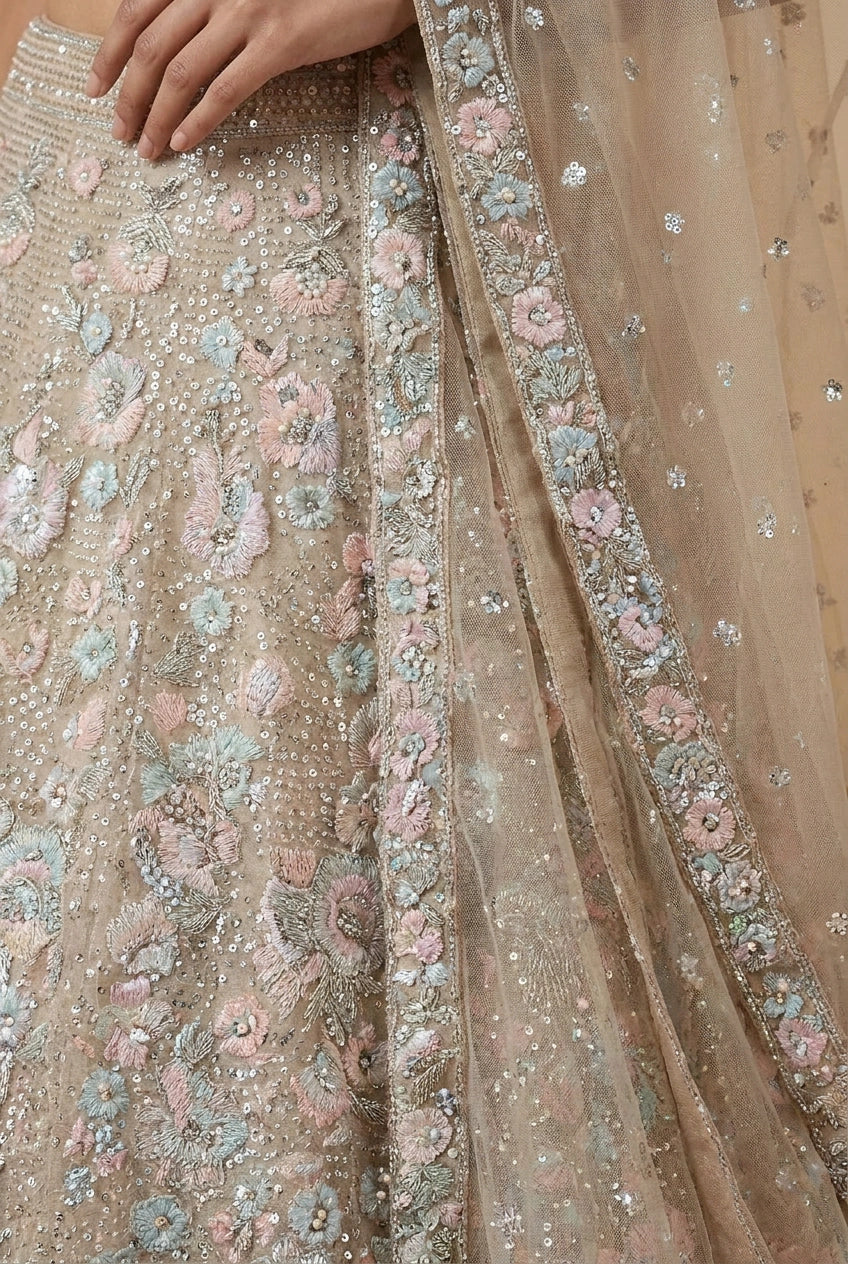 Grey Net Lehenga Set with Kundan Accent for Engagement Day