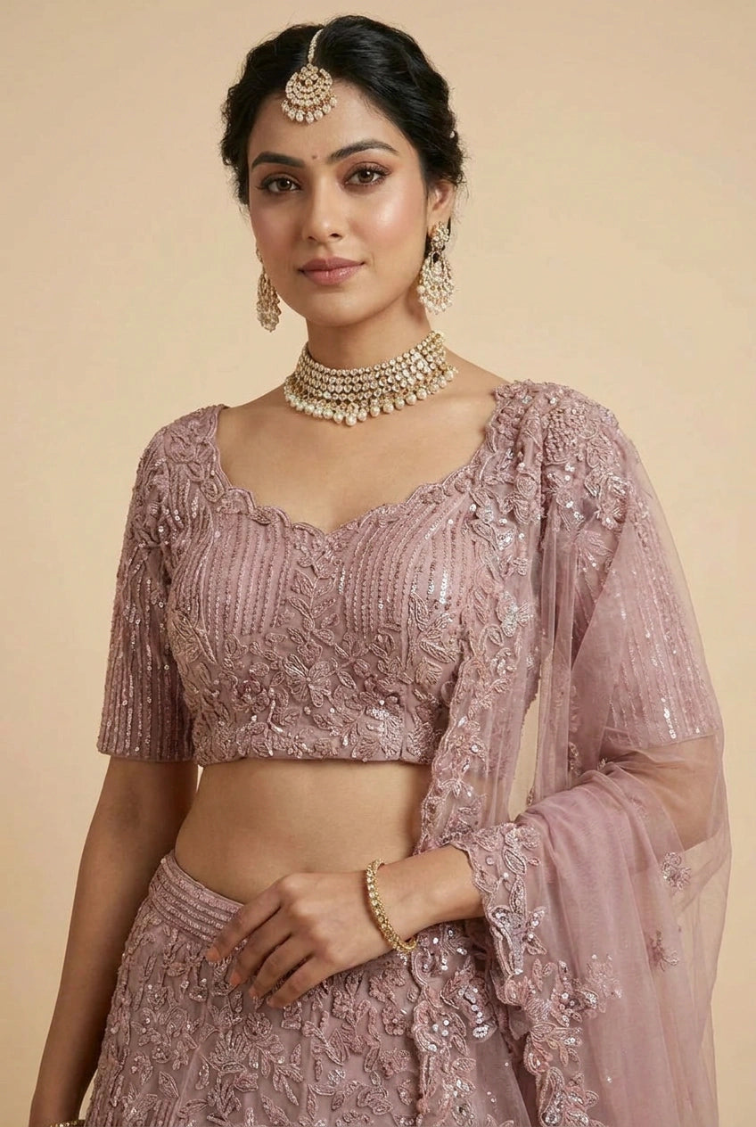 Net Lehenga Set with Resham Embroidery for Mehendi Function