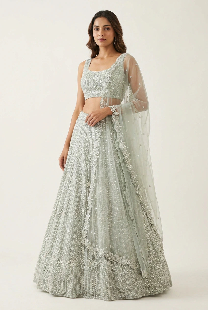 Sky Blue Net Lehenga Set with Zari Work for Cocktail Evening