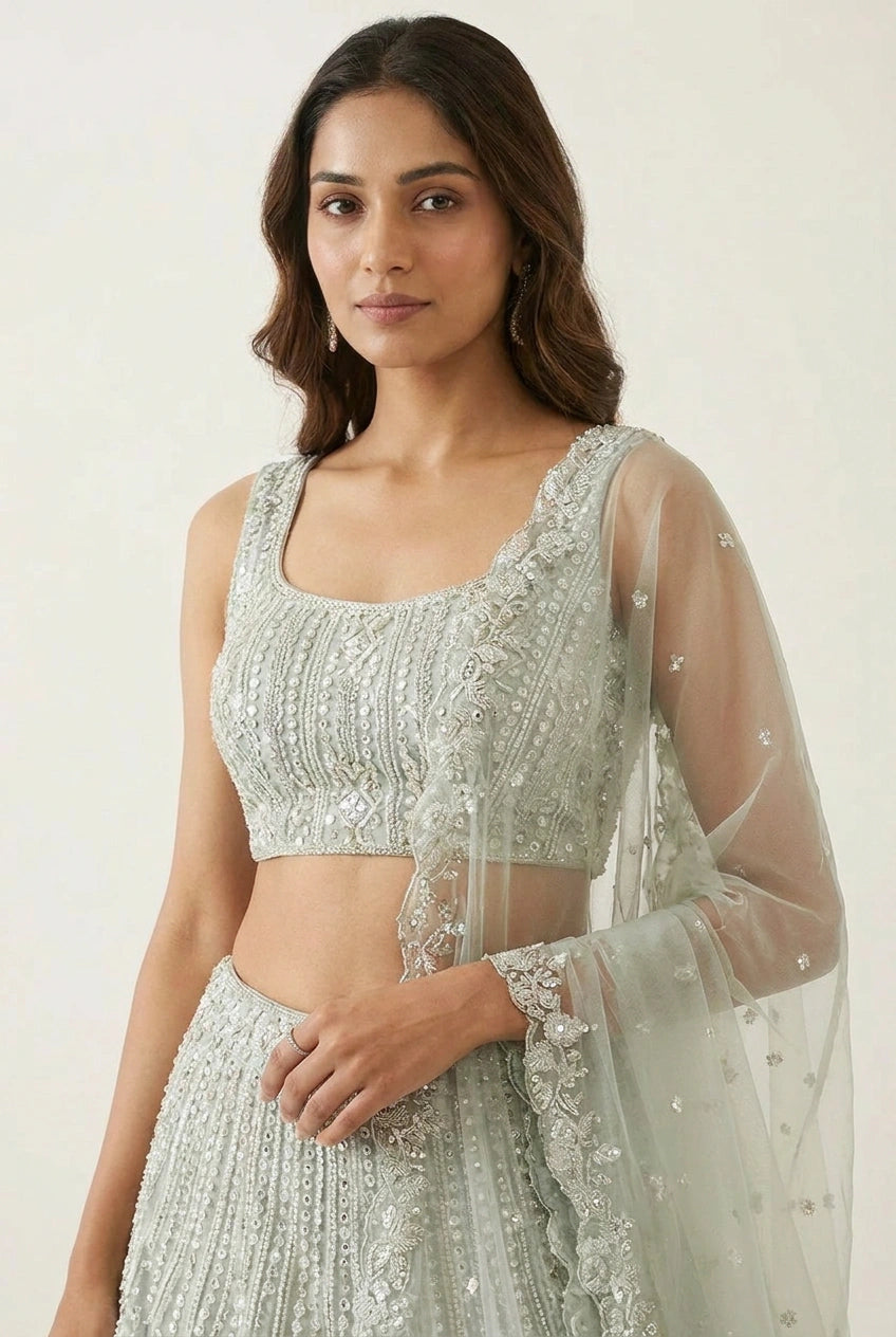 Sky Blue Net Lehenga Set with Zari Work for Cocktail Evening