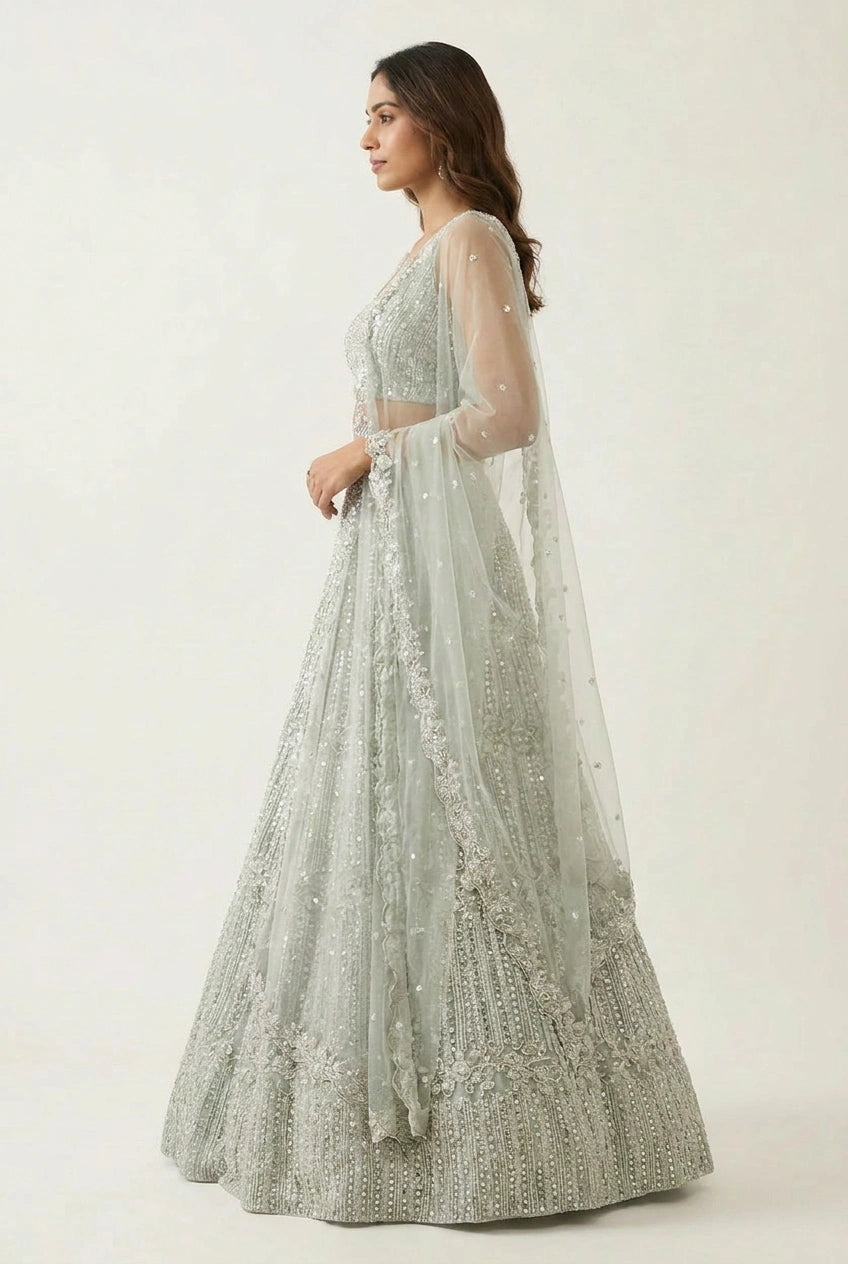 Sky Blue Net Lehenga Set with Zari Work for Cocktail Evening