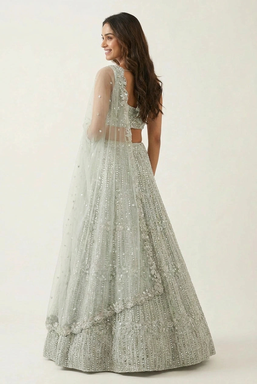 Sky Blue Net Lehenga Set with Zari Work for Cocktail Evening