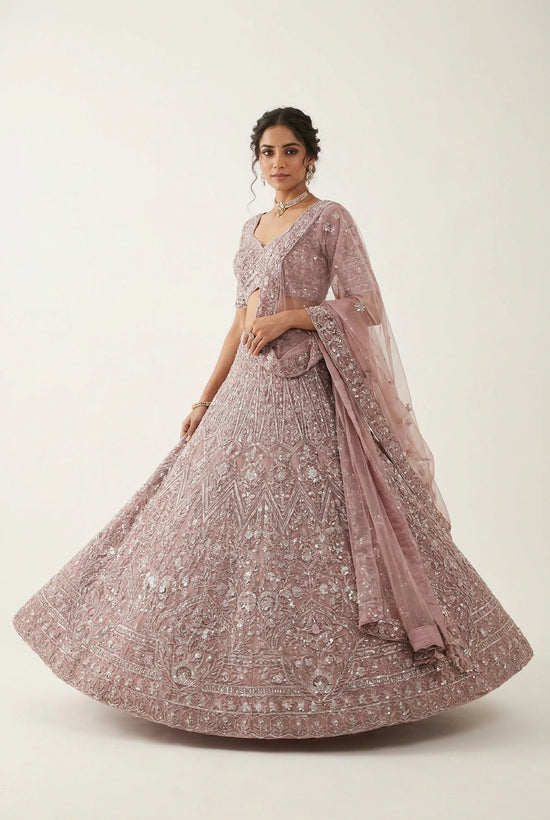 Mauve Net Lehenga Set with Sequin Scatter for Walima Reception
