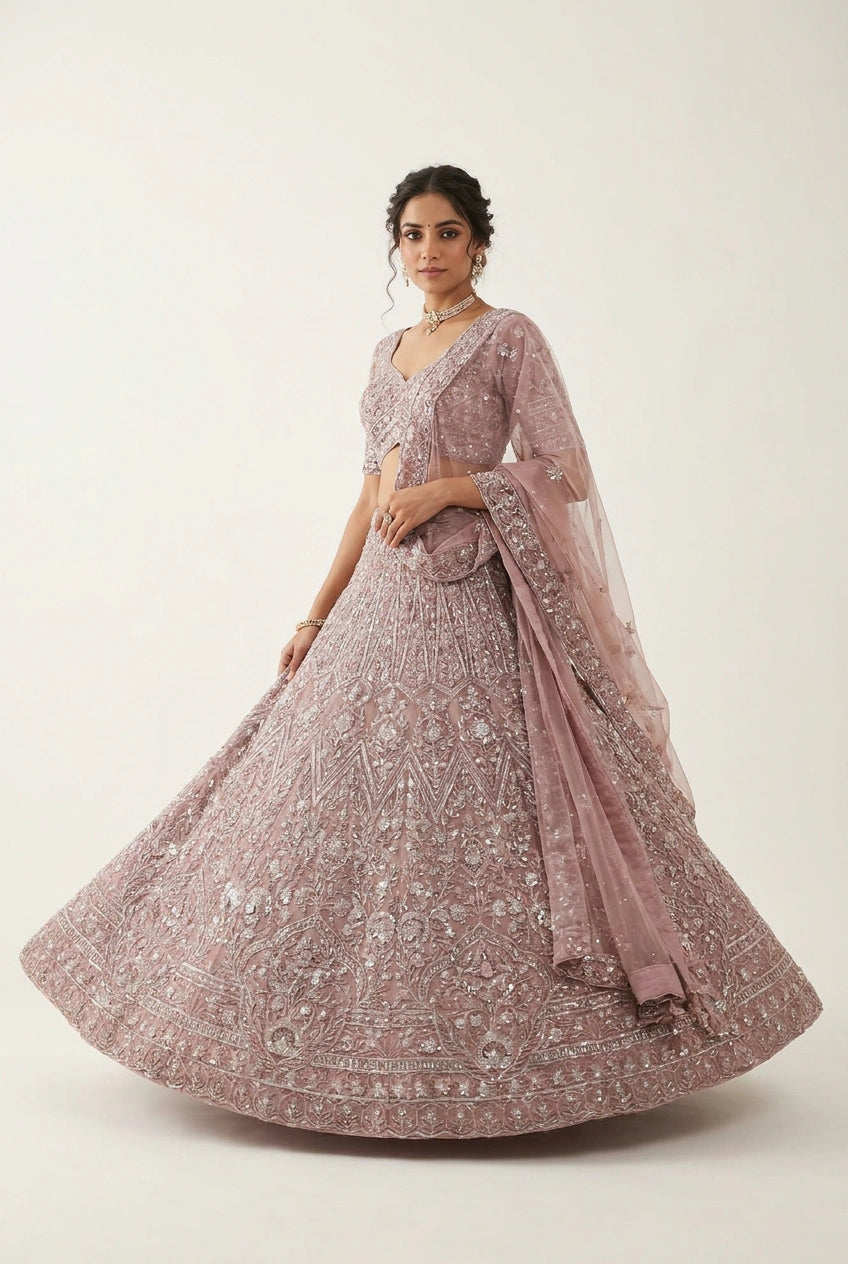 Mauve Net Lehenga Set with Sequin Scatter for Walima Reception
