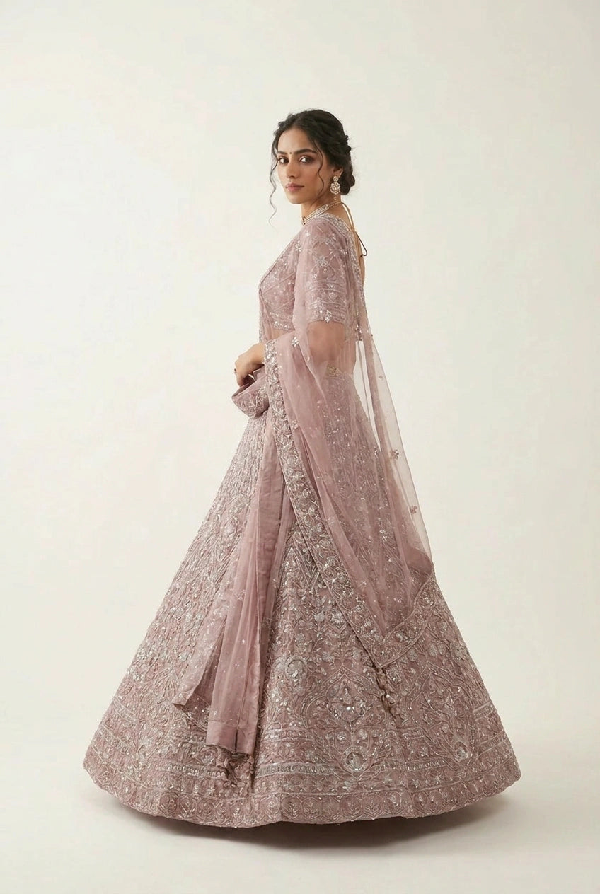 Mauve Net Lehenga Set with Sequin Scatter for Walima Reception
