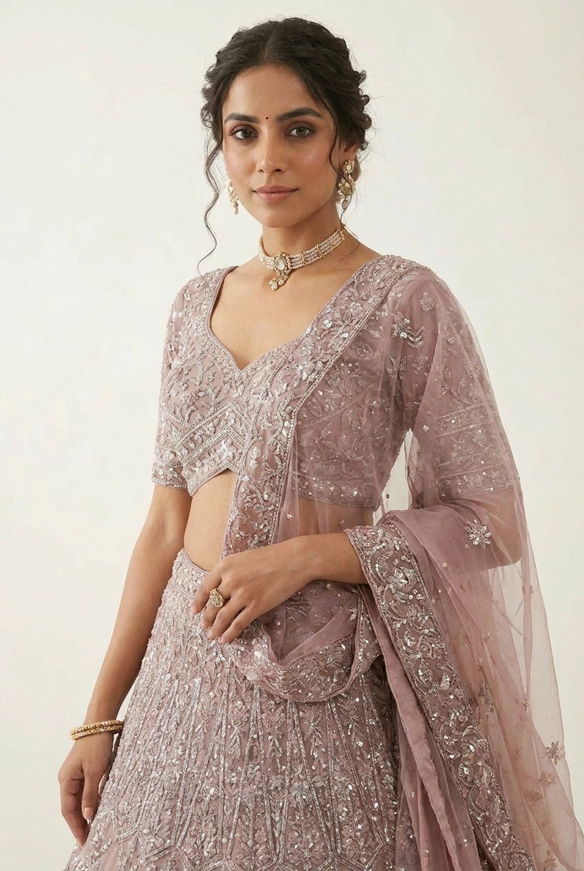 Mauve Net Lehenga Set with Sequin Scatter for Walima Reception