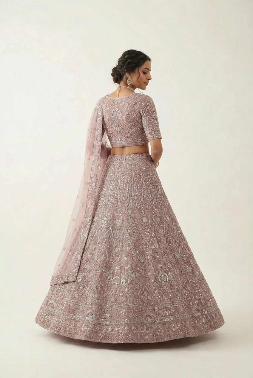 Mauve Net Lehenga Set with Sequin Scatter for Walima Reception