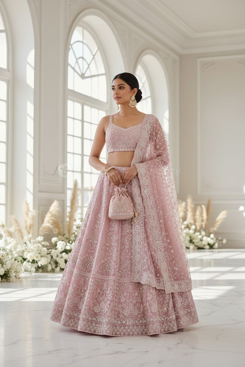 Pink Net Lehenga Set with Mirror Embroidery for Family Wedding