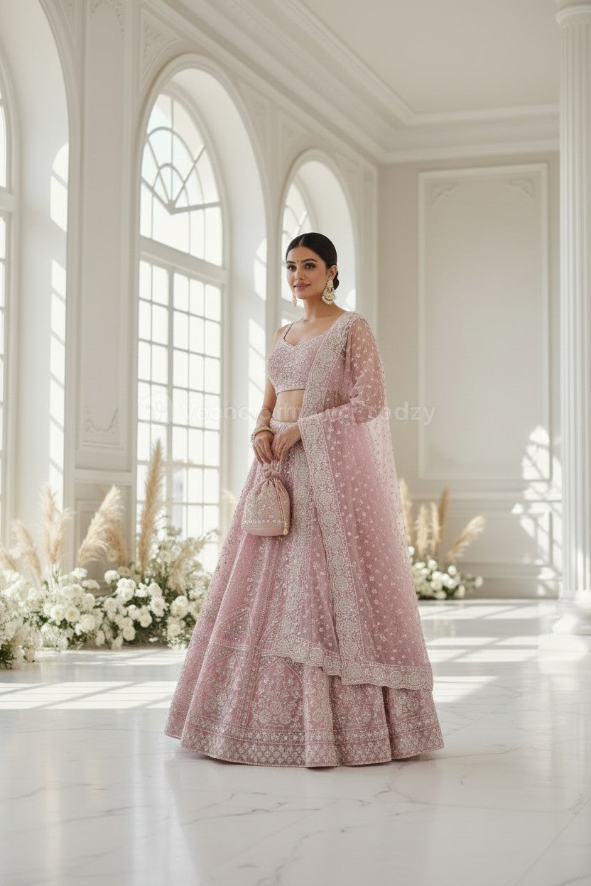 Pink Net Lehenga Set with Mirror Embroidery for Family Wedding