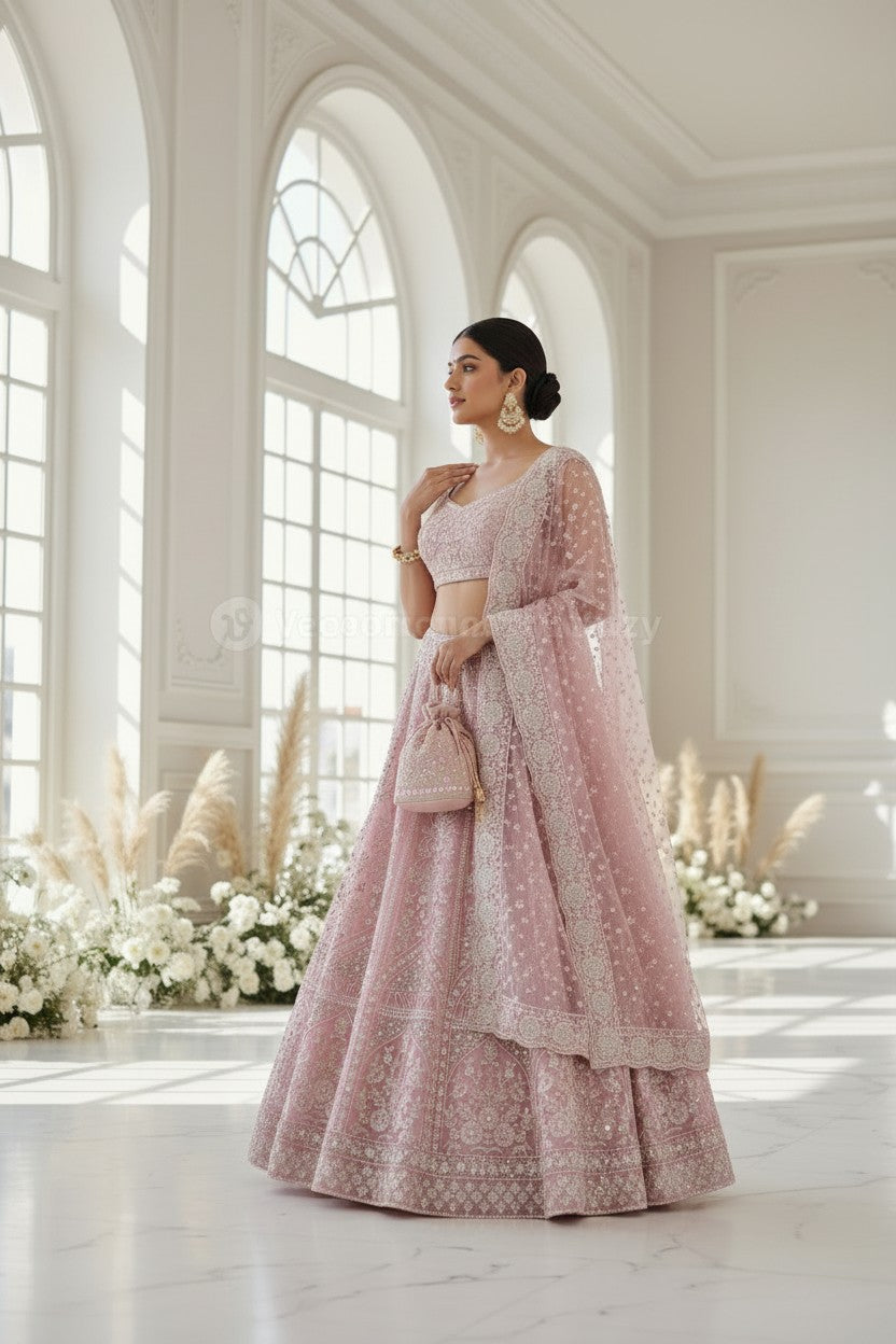 Pink Net Lehenga Set with Mirror Embroidery for Family Wedding