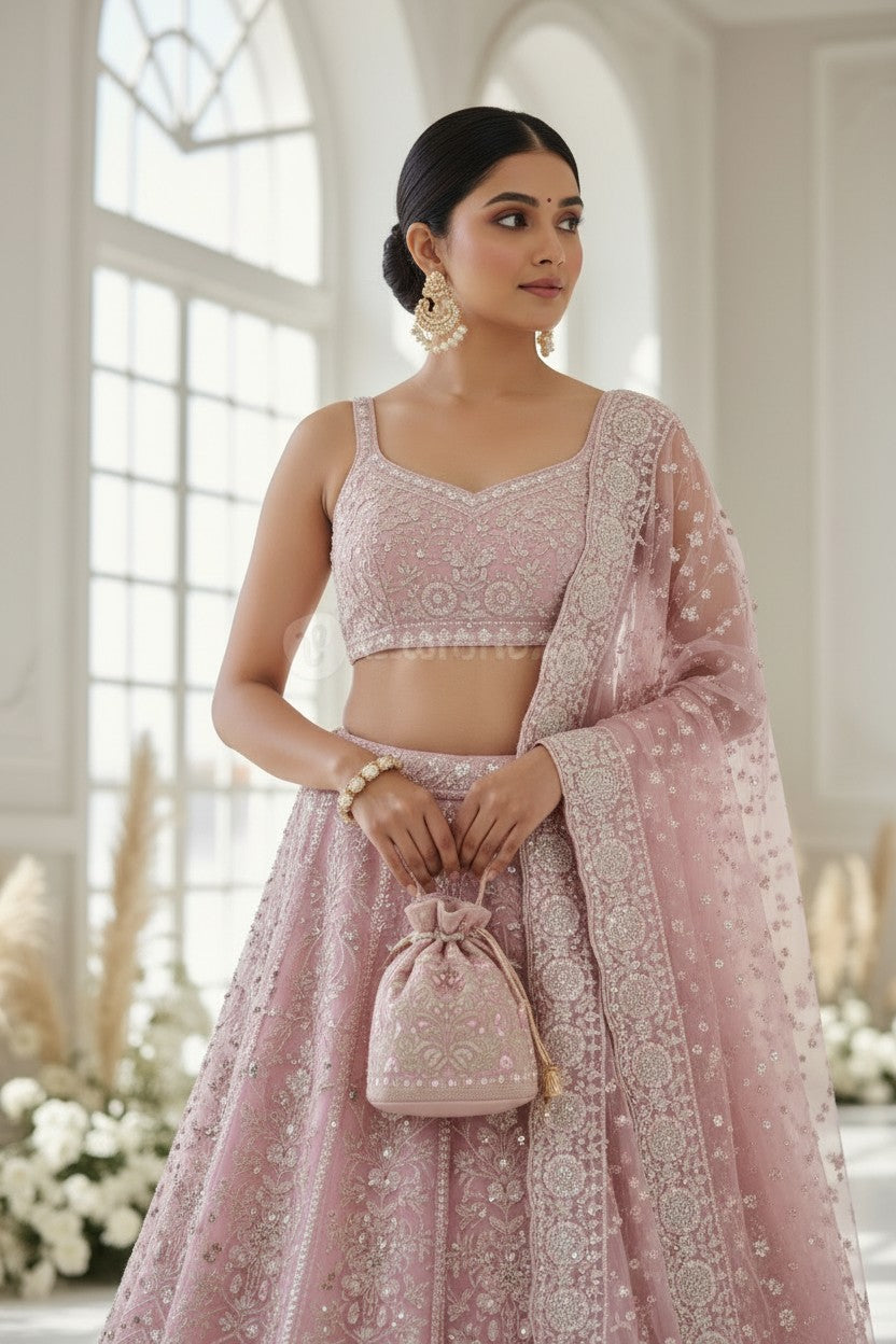 Pink Net Lehenga Set with Mirror Embroidery for Family Wedding