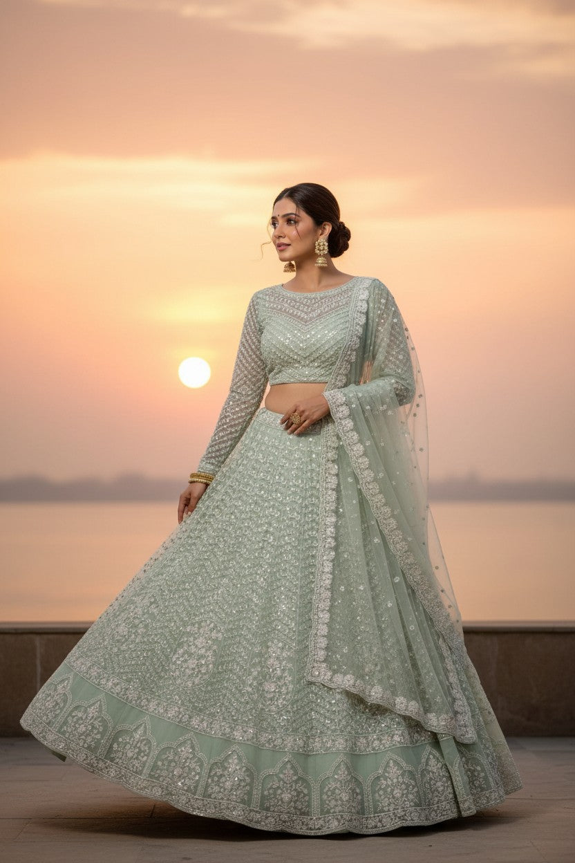 Net Lehenga Set with Cutdana Border for Destination Wedding