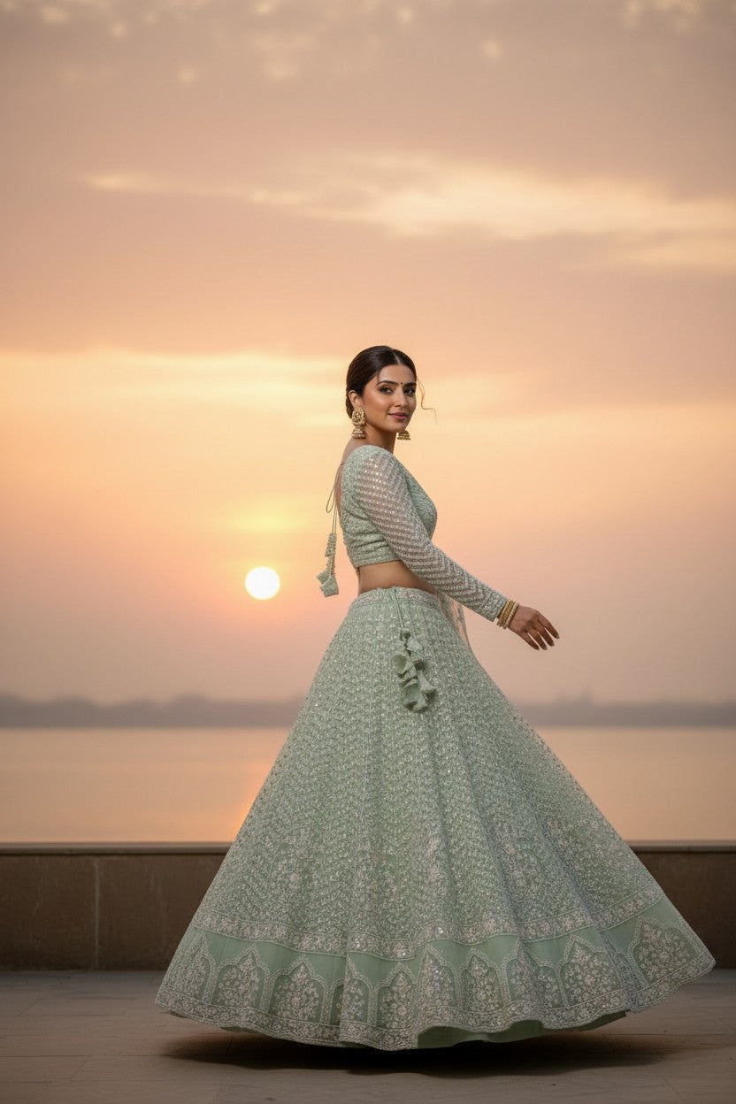 Net Lehenga Set with Cutdana Border for Destination Wedding