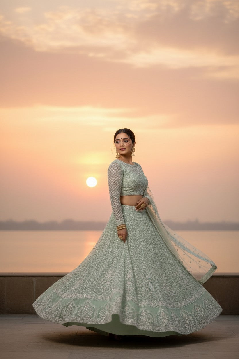 Net Lehenga Set with Cutdana Border for Destination Wedding