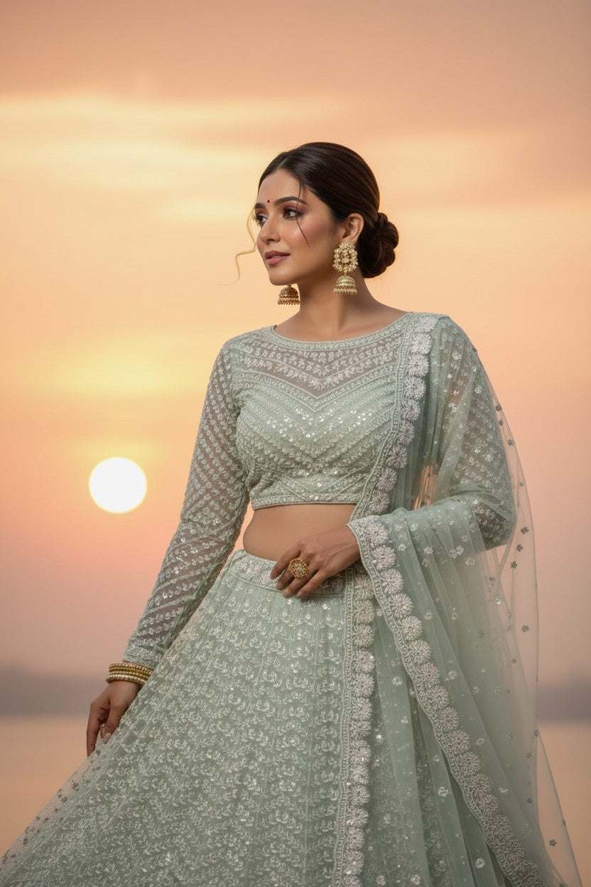 Net Lehenga Set with Cutdana Border for Destination Wedding