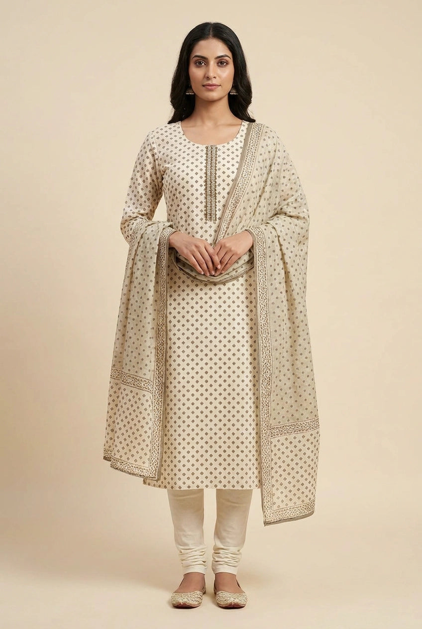 Off White/Grey Cotton Straight Suit for Festive Comfort